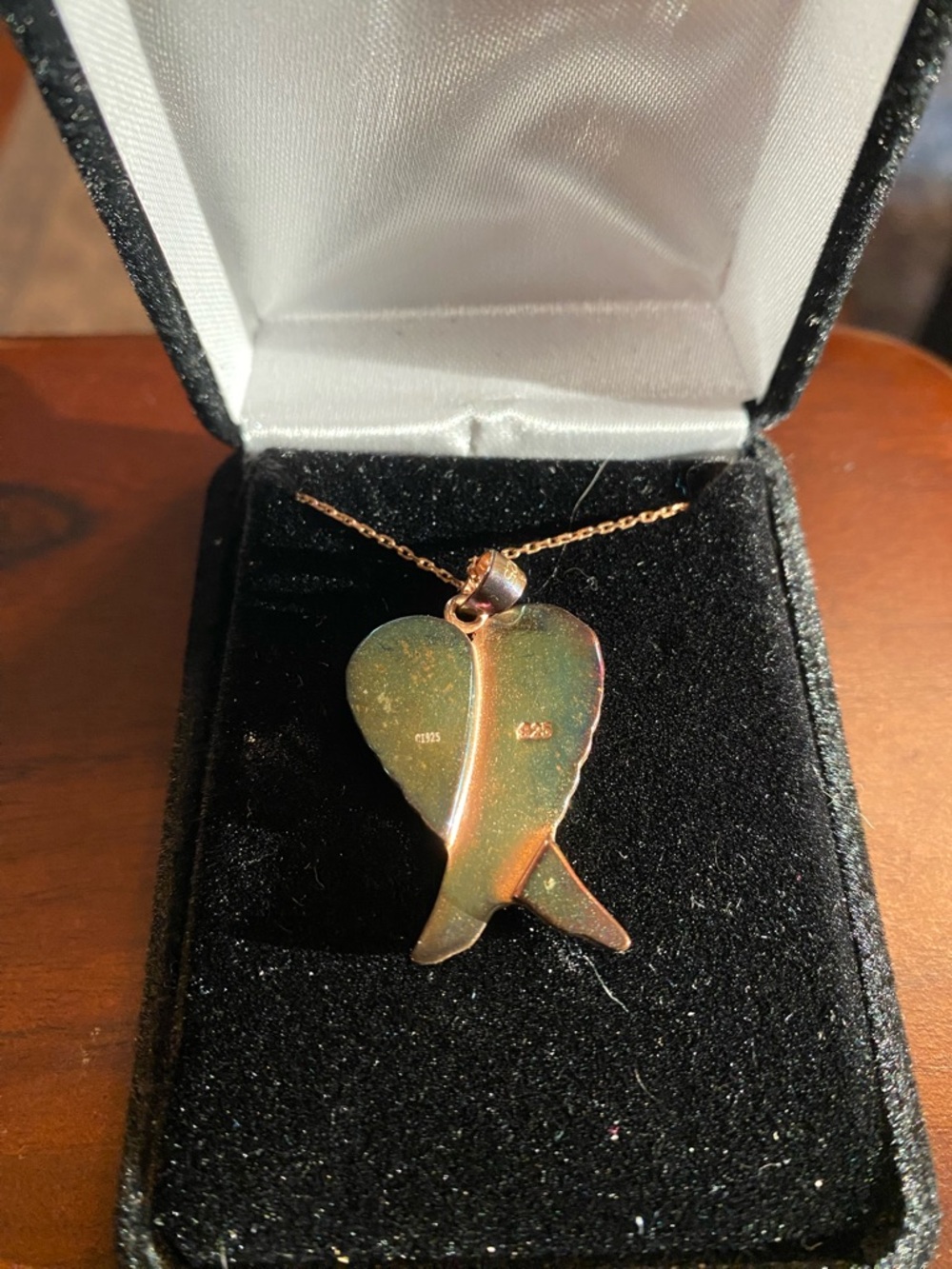 Rose Gold over Sterling Angel Wing Heart Pendant layered with Pink Opal - Picture 2 of 3